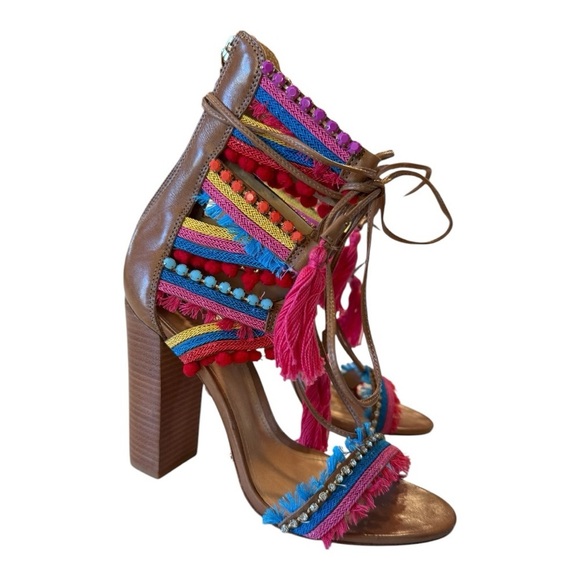 Schutz X Revolve CALLA Lace-Up Multi-Color Tassel Bamboo Brown Block Heel Size 8 - Picture 3 of 16